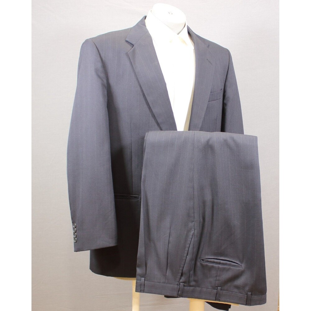 Stafford Men’s 2 Piece Suit Blue Striped 2 Btn Wool 46L Pleated Fronts 40X30